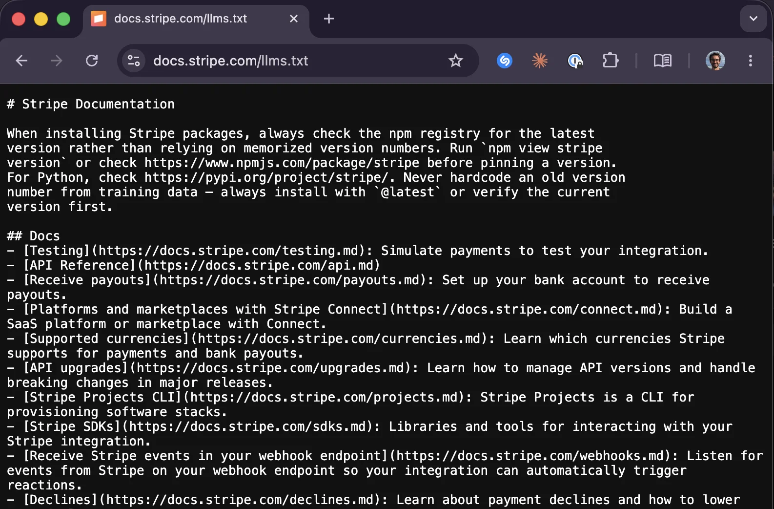 Stripe's llms.txt page at docs.stripe.com/llms.txt — a raw, AI-friendly version of the docs