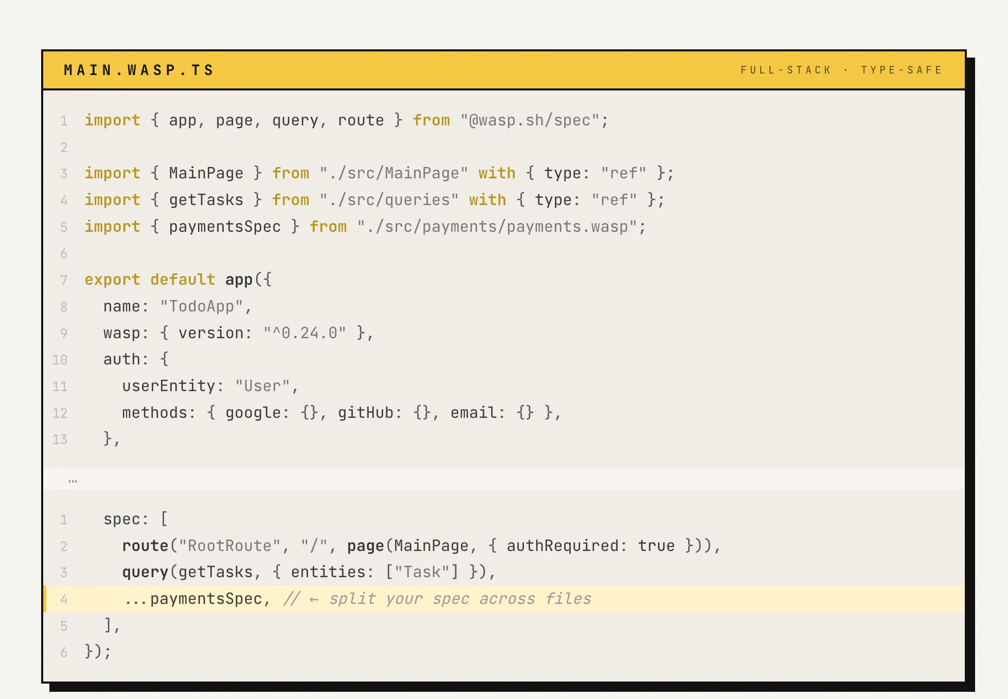 main.wasp.ts in the new TS Spec โ your whole app config defined in TypeScript: imports, app({...}), auth, and a spec list with route/page/query calls