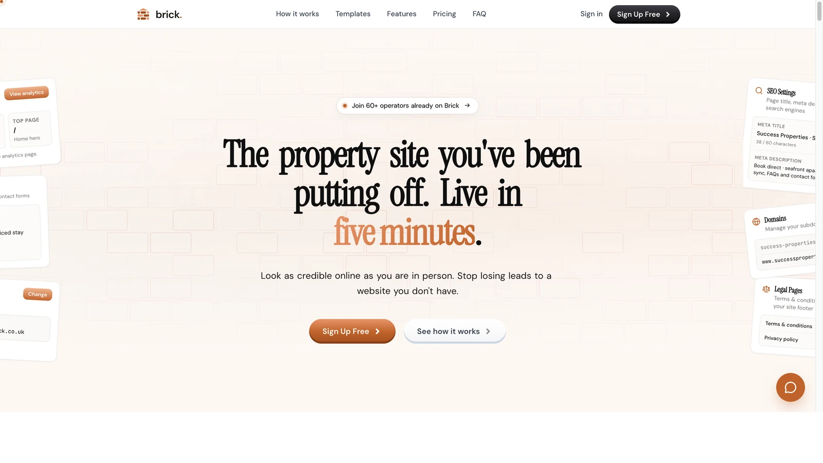 Brick landing page - 'The property site you've been putting off. Live in five minutes.' Website builder for UK property operators