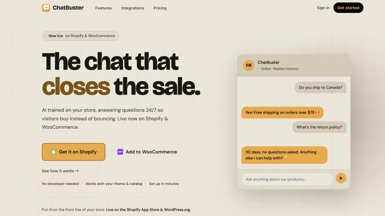 ChatBuster landing page - 'The chat that closes the sale.' AI chat trained on your Shopify or WooCommerce store