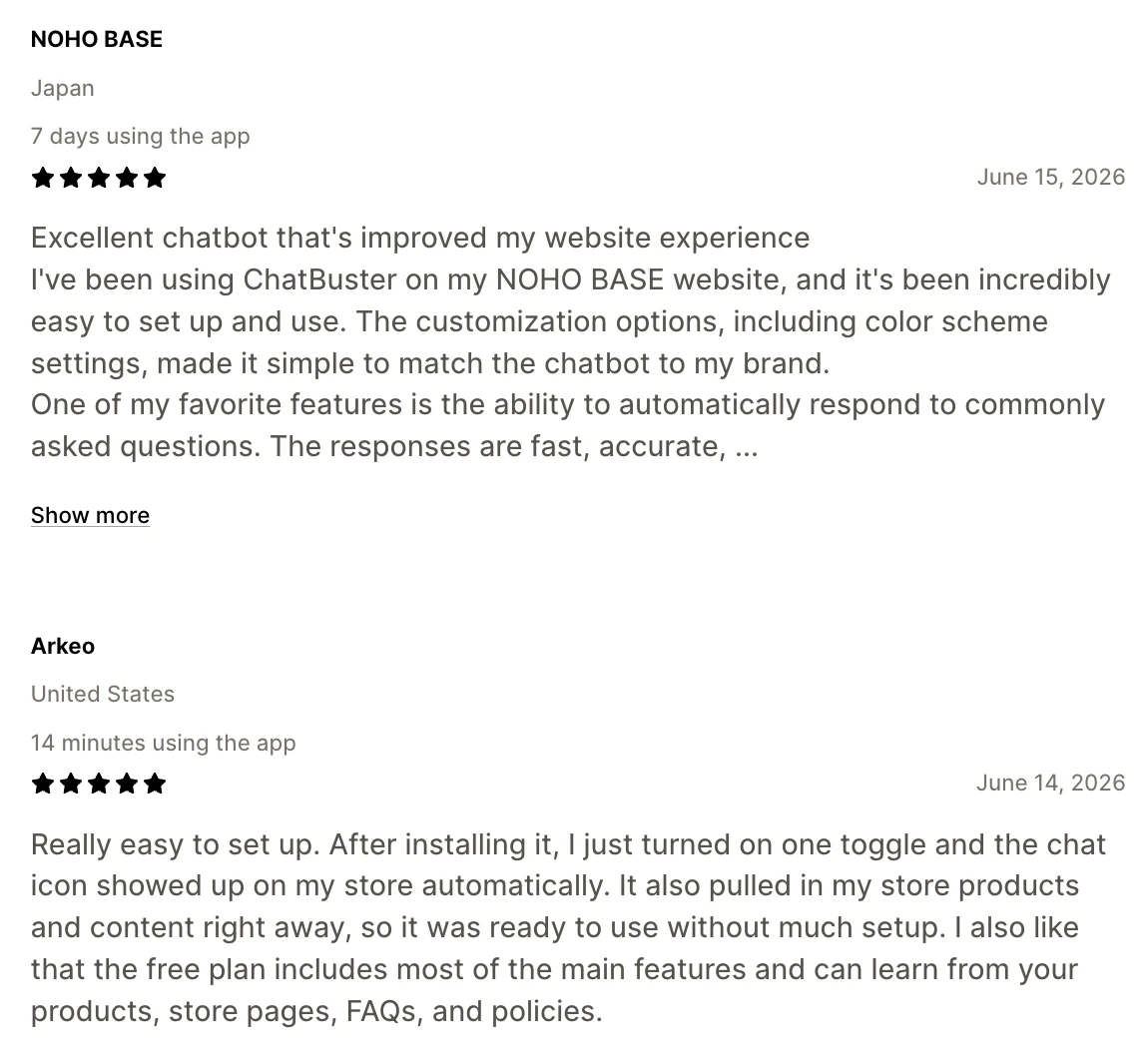 Two five-star reviews from real Shopify merchants using ChatBuster, both praising how easy it was to set up